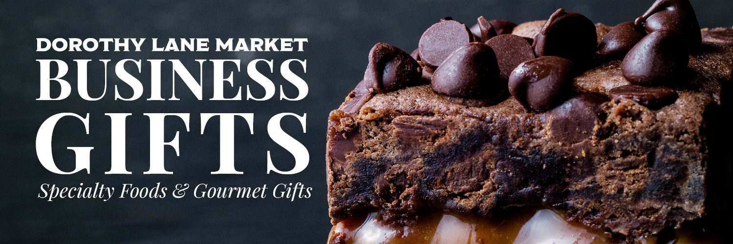 Chocolate and caramel brownie with the text 'Business Gifts by Dorothy Lane Market'